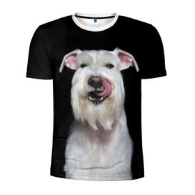 Мужская футболка 3D спортивная с принтом Белый шнауцер в Екатеринбурге, 100% полиэстер с улучшенными характеристиками | приталенный силуэт, круглая горловина, широкие плечи, сужается к линии бедра | animal | background | beast | black | breed | cool | cute | dog | ears | fangs | jaw | look | muzzle | portrait | tongue | white | wool | белый | взгляд | животное | зверь | клыки | милый | пёс | порода | портрет | прикольно | псина | собака | уши