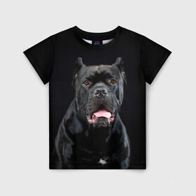 Детская футболка 3D с принтом Черный кан - корсо в Екатеринбурге, 100% гипоаллергенный полиэфир | прямой крой, круглый вырез горловины, длина до линии бедер, чуть спущенное плечо, ткань немного тянется | Тематика изображения на принте: animal | background | beast | black | breed | can   corso | cool | cute | dog | ears | fangs | jaw | look | muzzle | portrait | tongue | wool | взгляд | животное | зверь | кан   корсо | клыки | милый | пёс | порода | портрет | прикольно | псина | 