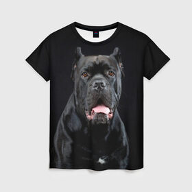 Женская футболка 3D с принтом Черный кан - корсо в Екатеринбурге, 100% полиэфир ( синтетическое хлопкоподобное полотно) | прямой крой, круглый вырез горловины, длина до линии бедер | animal | background | beast | black | breed | can   corso | cool | cute | dog | ears | fangs | jaw | look | muzzle | portrait | tongue | wool | взгляд | животное | зверь | кан   корсо | клыки | милый | пёс | порода | портрет | прикольно | псина | 