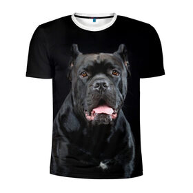 Мужская футболка 3D спортивная с принтом Черный кан - корсо в Екатеринбурге, 100% полиэстер с улучшенными характеристиками | приталенный силуэт, круглая горловина, широкие плечи, сужается к линии бедра | animal | background | beast | black | breed | can   corso | cool | cute | dog | ears | fangs | jaw | look | muzzle | portrait | tongue | wool | взгляд | животное | зверь | кан   корсо | клыки | милый | пёс | порода | портрет | прикольно | псина | 
