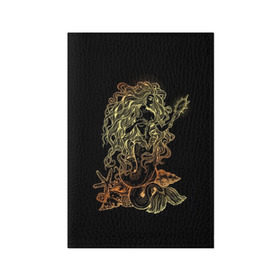 Обложка для паспорта матовая кожа с принтом Золотая русалка с зеркалом в Екатеринбурге, натуральная матовая кожа | размер 19,3 х 13,7 см; прозрачные пластиковые крепления | Тематика изображения на принте: 