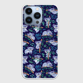 Чехол для iPhone 13 Pro с принтом Фиолетовые коалы в Екатеринбурге,  |  | animal | australia | baby | bear | blue | color | cute | exotic | green | illustration | koala | pattern | purple | vector | young | австралия | вектор | ветка | детеныш | животное | зеленый | иллюстрация | коала | листья | малыш | медведь | мил