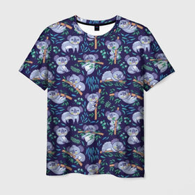 Мужская футболка 3D с принтом Фиолетовые коалы в Екатеринбурге, 100% полиэфир | прямой крой, круглый вырез горловины, длина до линии бедер | animal | australia | baby | bear | blue | color | cute | exotic | green | illustration | koala | pattern | purple | vector | young | австралия | вектор | ветка | детеныш | животное | зеленый | иллюстрация | коала | листья | малыш | медведь | мил
