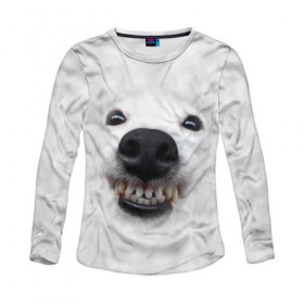 Женский лонгслив 3D с принтом Собака - улыбака в Екатеринбурге, 100% полиэстер | длинные рукава, круглый вырез горловины, полуприлегающий силуэт | Тематика изображения на принте: животные | зубы | мордочка | пес | прикол | смешная | собака | улыбака | улыбка | щенок | юмор