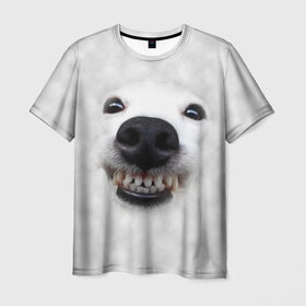 Мужская футболка 3D с принтом Собака - улыбака в Екатеринбурге, 100% полиэфир | прямой крой, круглый вырез горловины, длина до линии бедер | животные | зубы | мордочка | пес | прикол | смешная | собака | улыбака | улыбка | щенок | юмор