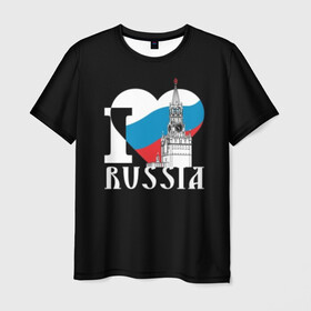 Мужская футболка 3D с принтом Я люблю Россию в Екатеринбурге, 100% полиэфир | прямой крой, круглый вырез горловины, длина до линии бедер | black | blue | clock | flag | heart | homeland | kremlin | moscow | patriot | patriotism | red | red square | russia | slogan | text | tower | white | башня | белый | красная площадь | красный | кремль | лозунг | москва | патриот | патриотизм | родина | р
