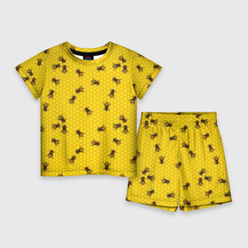 Детский костюм с шортами 3D с принтом Пчелы в сотах в Екатеринбурге,  |  | Тематика изображения на принте: bee | beehive | brown | bug | honey | honeycomb | insect | toiler | yellow | букашка | желтый | коричневый | мёд | насекомое | пчела | соты | труженик | улей