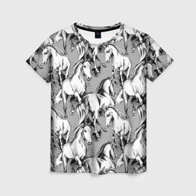 Женская футболка 3D с принтом Белые лошади в Екатеринбурге, 100% полиэфир ( синтетическое хлопкоподобное полотно) | прямой крой, круглый вырез горловины, длина до линии бедер | animal | black | cool | gray | hooves | horse | illustration | mane | mustang | muzzle | running | speed | tail | white | бег | белый | грива | животное | иллюстрация | копыта | лошадь | мустанг | прикольно | серый | скорость | хвост | черный
