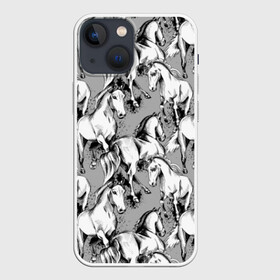 Чехол для iPhone 13 mini с принтом Белые лошади в Екатеринбурге,  |  | animal | black | cool | gray | hooves | horse | illustration | mane | mustang | muzzle | running | speed | tail | white | бег | белый | грива | животное | иллюстрация | копыта | лошадь | мустанг | прикольно | серый | скорость | хвост | черный