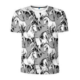 Мужская футболка 3D спортивная с принтом Белые лошади в Екатеринбурге, 100% полиэстер с улучшенными характеристиками | приталенный силуэт, круглая горловина, широкие плечи, сужается к линии бедра | animal | black | cool | gray | hooves | horse | illustration | mane | mustang | muzzle | running | speed | tail | white | бег | белый | грива | животное | иллюстрация | копыта | лошадь | мустанг | прикольно | серый | скорость | хвост | черный
