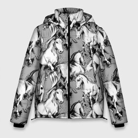 Мужская зимняя куртка 3D с принтом Белые лошади в Екатеринбурге, верх — 100% полиэстер; подкладка — 100% полиэстер; утеплитель — 100% полиэстер | длина ниже бедра, свободный силуэт Оверсайз. Есть воротник-стойка, отстегивающийся капюшон и ветрозащитная планка. 

Боковые карманы с листочкой на кнопках и внутренний карман на молнии. | Тематика изображения на принте: animal | black | cool | gray | hooves | horse | illustration | mane | mustang | muzzle | running | speed | tail | white | бег | белый | грива | животное | иллюстрация | копыта | лошадь | мустанг | прикольно | серый | скорость | хвост | черный