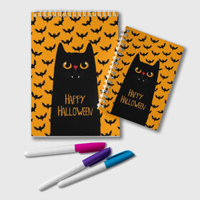 Блокнот с принтом Happy Halloween в Екатеринбурге, 100% бумага | 48 листов, плотность листов — 60 г/м2, плотность картонной обложки — 250 г/м2. Листы скреплены удобной пружинной спиралью. Цвет линий — светло-серый
 | Тематика изображения на принте: autumn | bat | black | cat | eyes | fangs | halloween | holiday | horror | horrors | mouse | yellow | глаза | желтый | жуть | клыки | кот | летучая | мышь | осень | праздник | ужасы | хэллоуин | черный