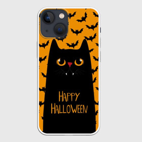 Чехол для iPhone 13 mini с принтом Happy Halloween в Екатеринбурге,  |  | autumn | bat | black | cat | eyes | fangs | halloween | holiday | horror | horrors | mouse | yellow | глаза | желтый | жуть | клыки | кот | летучая | мышь | осень | праздник | ужасы | хэллоуин | черный