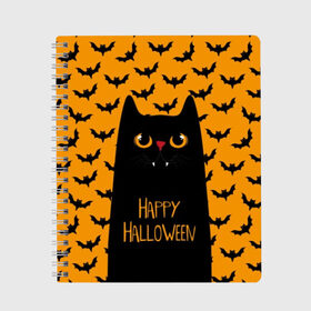 Тетрадь с принтом Happy Halloween в Екатеринбурге, 100% бумага | 48 листов, плотность листов — 60 г/м2, плотность картонной обложки — 250 г/м2. Листы скреплены сбоку удобной пружинной спиралью. Уголки страниц и обложки скругленные. Цвет линий — светло-серый
 | Тематика изображения на принте: autumn | bat | black | cat | eyes | fangs | halloween | holiday | horror | horrors | mouse | yellow | глаза | желтый | жуть | клыки | кот | летучая | мышь | осень | праздник | ужасы | хэллоуин | черный