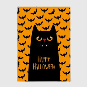 Постер с принтом Happy Halloween в Екатеринбурге, 100% бумага
 | бумага, плотность 150 мг. Матовая, но за счет высокого коэффициента гладкости имеет небольшой блеск и дает на свету блики, но в отличии от глянцевой бумаги не покрыта лаком | autumn | bat | black | cat | eyes | fangs | halloween | holiday | horror | horrors | mouse | yellow | глаза | желтый | жуть | клыки | кот | летучая | мышь | осень | праздник | ужасы | хэллоуин | черный