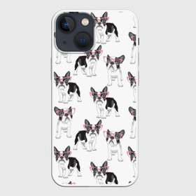 Чехол для iPhone 13 mini с принтом Французские бульдоги в очках в Екатеринбурге,  |  | black | breed | cool | cute | dog | french bulldog | pink | puppy | white | белый | мило | очки | пёс | порода | прикольный | псина | розовый | собака | французский бульдог | черный | щенок
