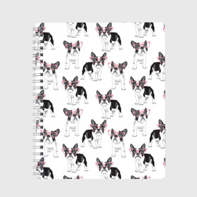 Тетрадь с принтом Французские бульдоги в очках в Екатеринбурге, 100% бумага | 48 листов, плотность листов — 60 г/м2, плотность картонной обложки — 250 г/м2. Листы скреплены сбоку удобной пружинной спиралью. Уголки страниц и обложки скругленные. Цвет линий — светло-серый
 | Тематика изображения на принте: black | breed | cool | cute | dog | french bulldog | pink | puppy | white | белый | мило | очки | пёс | порода | прикольный | псина | розовый | собака | французский бульдог | черный | щенок