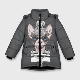 Зимняя куртка для девочек 3D с принтом Криминальный кот в Екатеринбурге, ткань верха — 100% полиэстер; подклад — 100% полиэстер, утеплитель — 100% полиэстер. | длина ниже бедра, удлиненная спинка, воротник стойка и отстегивающийся капюшон. Есть боковые карманы с листочкой на кнопках, утяжки по низу изделия и внутренний карман на молнии. 

Предусмотрены светоотражающий принт на спинке, радужный светоотражающий элемент на пуллере молнии и на резинке для утяжки. | breed | cat | chain | cool | decoration | dollar | gangster | hat | kitty | kote | logan | money | motto | pendant | rebel | rebellion | sphinx | text | бандит | бунтарь | девиз | деньги | доллар | киса | кот | котик | котэ | круто | кулон | логан | мяте 