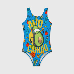 Детский купальник 3D с принтом Авокардио в Екатеринбурге, Полиэстер 85%, Спандекс 15% | Слитный крой, подклад по переду изделия, узкие бретели | авокадо | бег | игра слов | кардио | марафон | спорт | фитнес