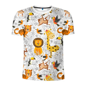 Мужская футболка 3D спортивная с принтом Тропические животные в Екатеринбурге, 100% полиэстер с улучшенными характеристиками | приталенный силуэт, круглая горловина, широкие плечи, сужается к линии бедра | Тематика изображения на принте: bananas | bird | brown | fauna | flora | giraffe | jungle | monkey | nature | parrot | red | tiger | tropics | white | wild | yellow | бананы | белый | джунгли | дикая | желтый | жираф | коричневый | красный | обезьяна | попугай | природа | птица | тигр |