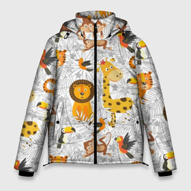 Мужская зимняя куртка 3D с принтом Тропические животные в Екатеринбурге, верх — 100% полиэстер; подкладка — 100% полиэстер; утеплитель — 100% полиэстер | длина ниже бедра, свободный силуэт Оверсайз. Есть воротник-стойка, отстегивающийся капюшон и ветрозащитная планка. 

Боковые карманы с листочкой на кнопках и внутренний карман на молнии. | bananas | bird | brown | fauna | flora | giraffe | jungle | monkey | nature | parrot | red | tiger | tropics | white | wild | yellow | бананы | белый | джунгли | дикая | желтый | жираф | коричневый | красный | обезьяна | попугай | природа | птица | тигр |