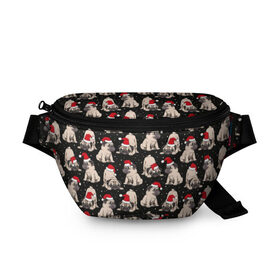 Поясная сумка 3D с принтом Новогодние мопсы в Екатеринбурге, 100% полиэстер | плотная ткань, ремень с регулируемой длиной, внутри несколько карманов для мелочей, основное отделение и карман с обратной стороны сумки застегиваются на молнию | black | christmas | cute | dog | funny | hat | new year | pug | puppy | red | snow | white | winter | белый | зима | красный | мило | мопс | новогодний | новый год | пёс | прикольно | рождество | снег | собака | собакен | чёрный | шапка | щенок