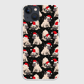 Чехол для iPhone 13 с принтом Новогодние мопсы в Екатеринбурге,  |  | black | christmas | cute | dog | funny | hat | new year | pug | puppy | red | snow | white | winter | белый | зима | красный | мило | мопс | новогодний | новый год | пёс | прикольно | рождество | снег | собака | собакен | чёрный | шапка | щенок