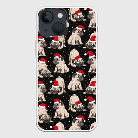 Чехол для iPhone 13 mini с принтом Новогодние мопсы в Екатеринбурге,  |  | black | christmas | cute | dog | funny | hat | new year | pug | puppy | red | snow | white | winter | белый | зима | красный | мило | мопс | новогодний | новый год | пёс | прикольно | рождество | снег | собака | собакен | чёрный | шапка | щенок