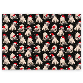 Поздравительная открытка с принтом Новогодние мопсы в Екатеринбурге, 100% бумага | плотность бумаги 280 г/м2, матовая, на обратной стороне линовка и место для марки
 | black | christmas | cute | dog | funny | hat | new year | pug | puppy | red | snow | white | winter | белый | зима | красный | мило | мопс | новогодний | новый год | пёс | прикольно | рождество | снег | собака | собакен | чёрный | шапка | щенок