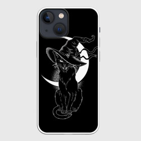 Чехол для iPhone 13 mini с принтом Кошка колдунья в Екатеринбурге,  |  | black | cat | cl | crescent | fangs | halloween | hat | holiday | hunter | kitty | magic | month | moon | mystic | night | predator | white | witch | белый | ведьма | киса | клыки | когти | колдовство | кот | котэ | кошка | луна | магия | месяц | мистика 