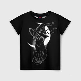 Детская футболка 3D с принтом Кошка колдунья в Екатеринбурге, 100% гипоаллергенный полиэфир | прямой крой, круглый вырез горловины, длина до линии бедер, чуть спущенное плечо, ткань немного тянется | black | cat | cl | crescent | fangs | halloween | hat | holiday | hunter | kitty | magic | month | moon | mystic | night | predator | white | witch | белый | ведьма | киса | клыки | когти | колдовство | кот | котэ | кошка | луна | магия | месяц | мистика 