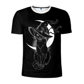 Мужская футболка 3D спортивная с принтом Кошка колдунья в Екатеринбурге, 100% полиэстер с улучшенными характеристиками | приталенный силуэт, круглая горловина, широкие плечи, сужается к линии бедра | Тематика изображения на принте: black | cat | cl | crescent | fangs | halloween | hat | holiday | hunter | kitty | magic | month | moon | mystic | night | predator | white | witch | белый | ведьма | киса | клыки | когти | колдовство | кот | котэ | кошка | луна | магия | месяц | мистика 