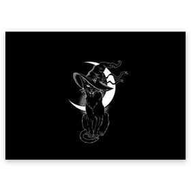 Поздравительная открытка с принтом Кошка колдунья в Екатеринбурге, 100% бумага | плотность бумаги 280 г/м2, матовая, на обратной стороне линовка и место для марки
 | Тематика изображения на принте: black | cat | cl | crescent | fangs | halloween | hat | holiday | hunter | kitty | magic | month | moon | mystic | night | predator | white | witch | белый | ведьма | киса | клыки | когти | колдовство | кот | котэ | кошка | луна | магия | месяц | мистика 