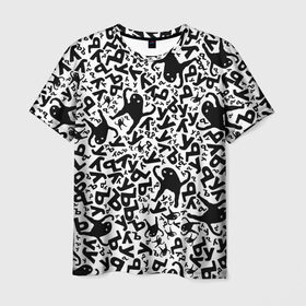 Мужская футболка 3D с принтом ЪУЪ в Екатеринбурге, 100% полиэфир | прямой крой, круглый вырез горловины, длина до линии бедер | белый | буквы | кот | кошка | мем | паттерн | узор | уъу | черный
