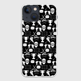 Чехол для iPhone 13 mini с принтом ХОККЕЙ в Екатеринбурге,  |  | black and white | hockey | pattern | russia | sport | надписи | паттерн | россия | сборная хоккея | символика | спорт | спортсмен | текстура | хоккей | чемпионат | черно белый | я русский