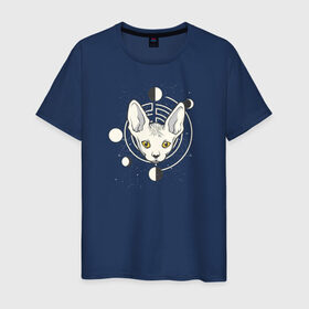 Мужская футболка хлопок с принтом Кот с Лунами в Екатеринбурге, 100% хлопок | прямой крой, круглый вырез горловины, длина до линии бедер, слегка спущенное плечо. | астрология | астрономия | космос | кот | котики | коты | луна | луны | сфинкс