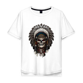 Мужская футболка хлопок Oversize с принтом Череп индеец в Екатеринбурге, 100% хлопок | свободный крой, круглый ворот, “спинка” длиннее передней части | америка | воин | иллюстрация | индеец | нативный американец | перья | череп