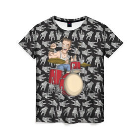 Женская футболка 3D с принтом Барабанщик в Екатеринбурге, 100% полиэфир ( синтетическое хлопкоподобное полотно) | прямой крой, круглый вырез горловины, длина до линии бедер | punk | rock | коза | металл | музыка | музыкант | неформал | неформальная | пальцы | панк | панки | рок | тяжелая