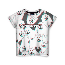 Детская футболка 3D с принтом Undertale (Надоедливый пёс). в Екатеринбурге, 100% гипоаллергенный полиэфир | прямой крой, круглый вырез горловины, длина до линии бедер, чуть спущенное плечо, ткань немного тянется | 3d | glitch | pixel | undertale | андертейл | без глаз | глитч | игра | надоедливая собака | надоедливый пес | надпись | пиксель | пикселя | подземная история | текстура