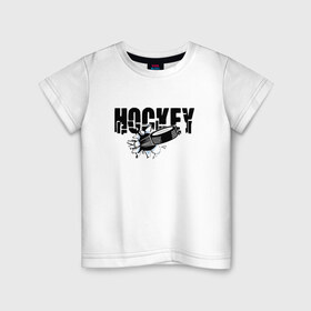 Детская футболка хлопок с принтом Hockey в Екатеринбурге, 100% хлопок | круглый вырез горловины, полуприлегающий силуэт, длина до линии бедер | Тематика изображения на принте: бросок | вратарь | канада | клюшка | лед | надпись | нападающий | россия | спорт | удар | хоккеист | хоккей | шайба | я люблю хоккей
