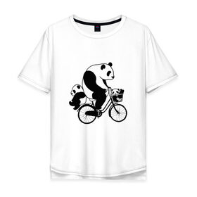 Мужская футболка хлопок Oversize с принтом Панда на велике в Екатеринбурге, 100% хлопок | свободный крой, круглый ворот, “спинка” длиннее передней части | велосипед | детеныши панды | животные | медведи | панда | панда катается | панда на велике | три панды | черно белые