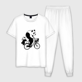 Мужская пижама хлопок с принтом Панда на велике в Екатеринбурге, 100% хлопок | брюки и футболка прямого кроя, без карманов, на брюках мягкая резинка на поясе и по низу штанин
 | велосипед | детеныши панды | животные | медведи | панда | панда катается | панда на велике | три панды | черно белые