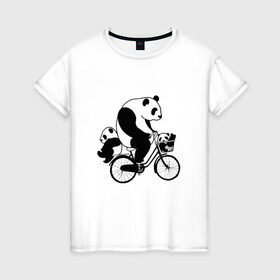 Женская футболка хлопок с принтом Панда на велике в Екатеринбурге, 100% хлопок | прямой крой, круглый вырез горловины, длина до линии бедер, слегка спущенное плечо | велосипед | детеныши панды | животные | медведи | панда | панда катается | панда на велике | три панды | черно белые