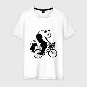 Мужская футболка хлопок с принтом Панда на велике в Екатеринбурге, 100% хлопок | прямой крой, круглый вырез горловины, длина до линии бедер, слегка спущенное плечо. | Тематика изображения на принте: велосипед | детеныши панды | животные | медведи | панда | панда катается | панда на велике | три панды | черно белые