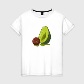 Женская футболка хлопок с принтом Avocado R.I.P. в Екатеринбурге, 100% хлопок | прямой крой, круглый вырез горловины, длина до линии бедер, слегка спущенное плечо | авокадо | арт | веган | вегетарианец | вкусняшка | еда | жиры | зеленый | зож | косточка | милый | овощи | пп | фрукты | юмор