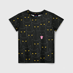 Детская футболка 3D с принтом Чёрные коты в Екатеринбурге, 100% гипоаллергенный полиэфир | прямой крой, круглый вырез горловины, длина до линии бедер, чуть спущенное плечо, ткань немного тянется | Тематика изображения на принте: black | cat | eyes | halloween | kitten | look | magic | muzzle | mysticism | witch | witchcraft | yellow | ведьма | взгляд | глаза | желтый | колдовство | кот | котёнок | котик | кошачья | магия | мистика | хэллоуин | черный