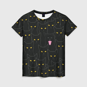 Женская футболка 3D с принтом Чёрные коты в Екатеринбурге, 100% полиэфир ( синтетическое хлопкоподобное полотно) | прямой крой, круглый вырез горловины, длина до линии бедер | Тематика изображения на принте: black | cat | eyes | halloween | kitten | look | magic | muzzle | mysticism | witch | witchcraft | yellow | ведьма | взгляд | глаза | желтый | колдовство | кот | котёнок | котик | кошачья | магия | мистика | хэллоуин | черный