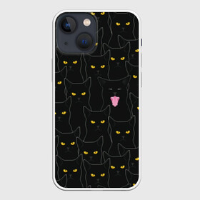 Чехол для iPhone 13 mini с принтом Чёрные коты в Екатеринбурге,  |  | black | cat | eyes | halloween | kitten | look | magic | muzzle | mysticism | witch | witchcraft | yellow | ведьма | взгляд | глаза | желтый | колдовство | кот | котёнок | котик | кошачья | магия | мистика | хэллоуин | черный