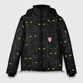 Мужская зимняя куртка 3D с принтом Чёрные коты в Екатеринбурге, верх — 100% полиэстер; подкладка — 100% полиэстер; утеплитель — 100% полиэстер | длина ниже бедра, свободный силуэт Оверсайз. Есть воротник-стойка, отстегивающийся капюшон и ветрозащитная планка. 

Боковые карманы с листочкой на кнопках и внутренний карман на молнии. | black | cat | eyes | halloween | kitten | look | magic | muzzle | mysticism | witch | witchcraft | yellow | ведьма | взгляд | глаза | желтый | колдовство | кот | котёнок | котик | кошачья | магия | мистика | хэллоуин | черный