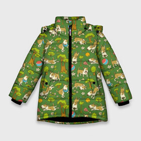 Зимняя куртка для девочек 3D с принтом Забавные собаки в Екатеринбурге, ткань верха — 100% полиэстер; подклад — 100% полиэстер, утеплитель — 100% полиэстер. | длина ниже бедра, удлиненная спинка, воротник стойка и отстегивающийся капюшон. Есть боковые карманы с листочкой на кнопках, утяжки по низу изделия и внутренний карман на молнии. 

Предусмотрены светоотражающий принт на спинке, радужный светоотражающий элемент на пуллере молнии и на резинке для утяжки. | animal | dog | fauna | flora | funny | game | green | pet | puppy | smile | trees | деревья | животное | забавный | зеленый | игра | пёс | питомец | прикольный | псина | собака | улыбка | фауна | флора | щенок